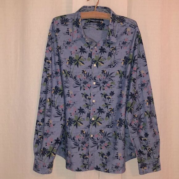 Nautica XXL Chambray Tropical Print Blue Button Down Casual Long Sleeve Shirt - Picture 1 of 13